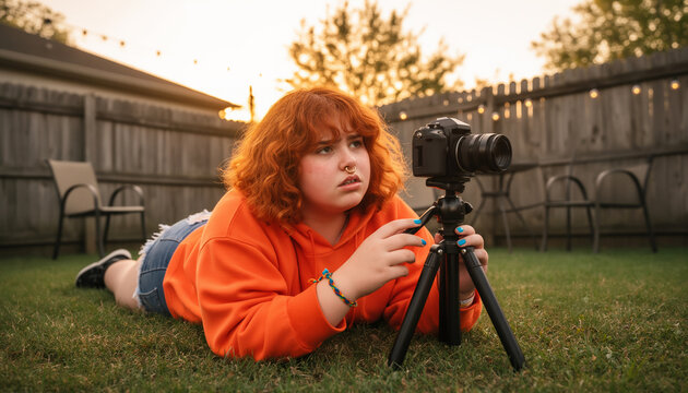 Plus size teenage photographer lying on grass adjusting camera on tripod in backyard at golden hour sunset, orange hoodie, denim shorts, string lights on fence, warm glow, copy space in sky
