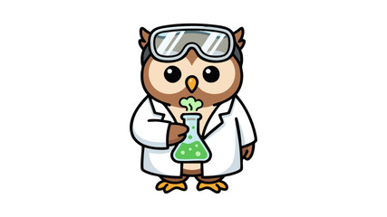 Fototapeta premium Cute owl scientist vector, cartoon bird wearing lab coat and goggles, wise owl holding chemistry flask for education