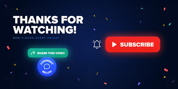 End screen with subscribe share and comment buttons during festive confetti celebration
