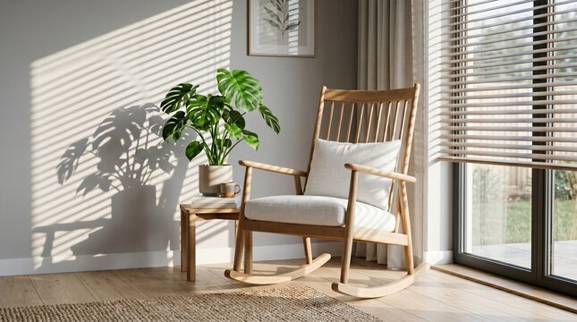 Wooden rocking chair with white pillow beside monstera plant and blinds casting shadows furniture interior monstera