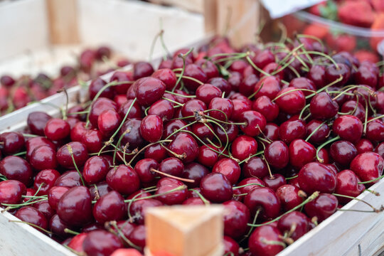 Fresh farm-grown sweet cherries displayed in a wooden crate at a local farmers market, seasonal summer fruit and natural food concept