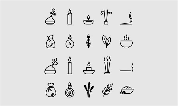 Modern vector line icon of aromatherapy and essential oils. Elements - aromatherapy diffuser, candles, incense sticks, herbal bags. Linear pictogram for aroma spa salon.