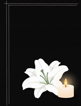 Funeral background with white lily and burning candle. 