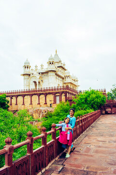 Young mother and little daughter posing in the senic background of Jaswant Thada, Jodhpur, Rajasthan