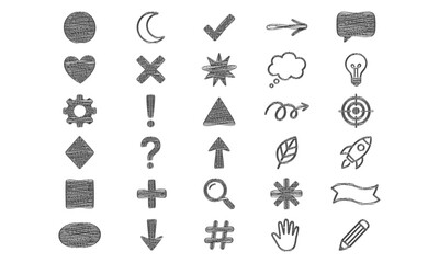 Fototapeta premium Black scribble doodle icon set. circle, crescent moon, check mark, speech bubble, heart, cross, gear, lightbulb, target, rocket, leaf, pencil vector elements