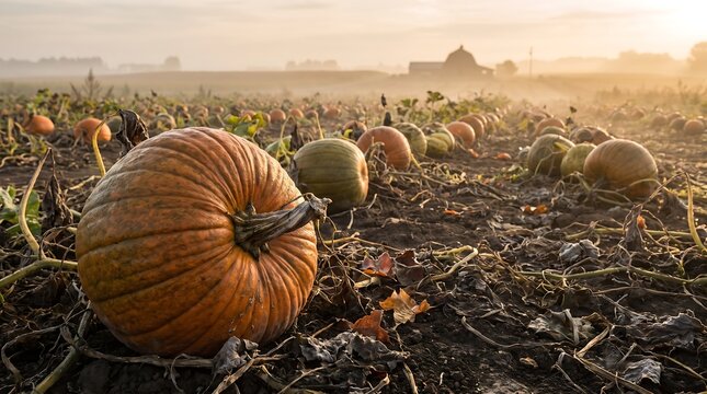 Halloween pumpkin patch at golden sunrise with fresh harvest-ready gourds in misty field
