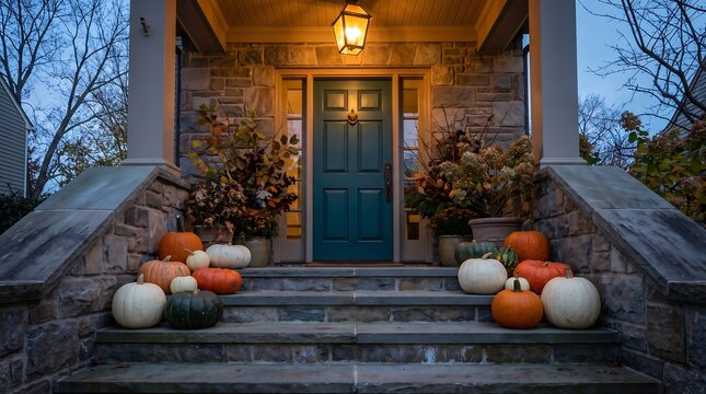 Halloween pumpkins lit on front porch steps with glowing door lantern at dusk