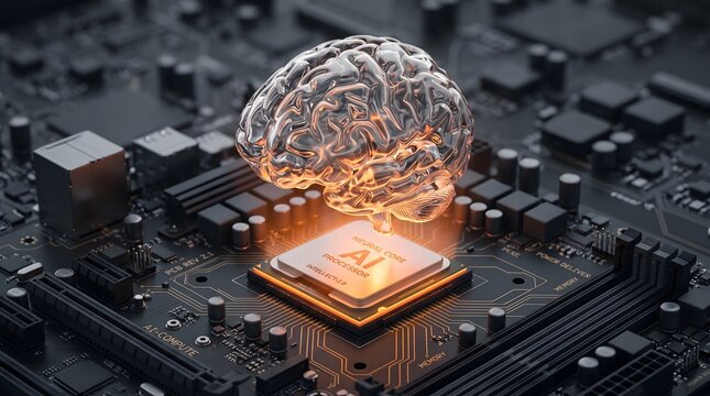 Glowing digital human brain model hovering above a computer processor on a dark motherboard circuit board