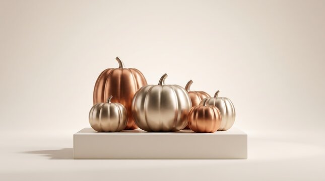 Golden metallic Halloween pumpkins displayed on white pedestal for festive autumn decor