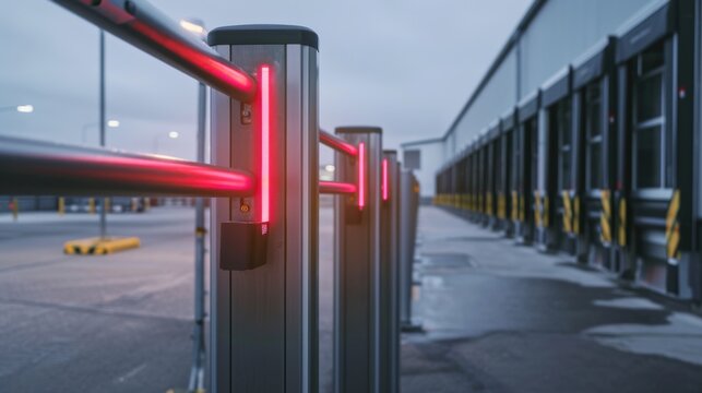 Security gate detail with badge reader in logistics park scene