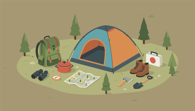 Outdoor camping equipment set arranged on grass including a tent, backpack, binoculars, map, and various survival tools for hiking.