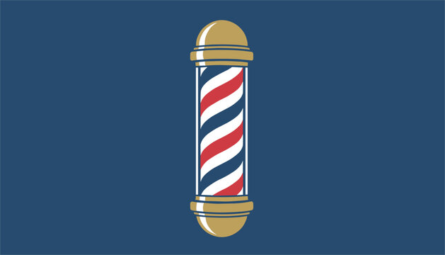 Classic barber pole with red, white, and blue stripes and gold accents isolated against a dark navy blue background for barbershops.