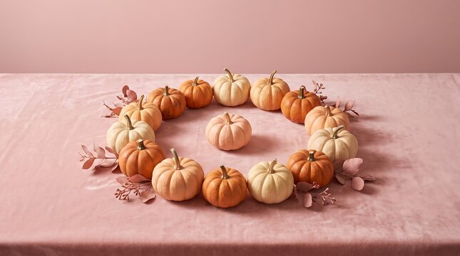 Miniature pumpkins arranged in wreath on pink velvet for Halloween decor