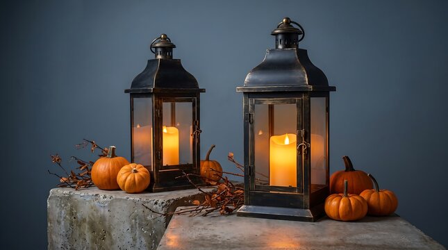 Warm autumn lantern light with pumpkins for seasonal home and event decoration