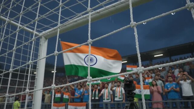 Indian National Flag Waving Behind Goal Net in Stadium with Cheering Crowd
