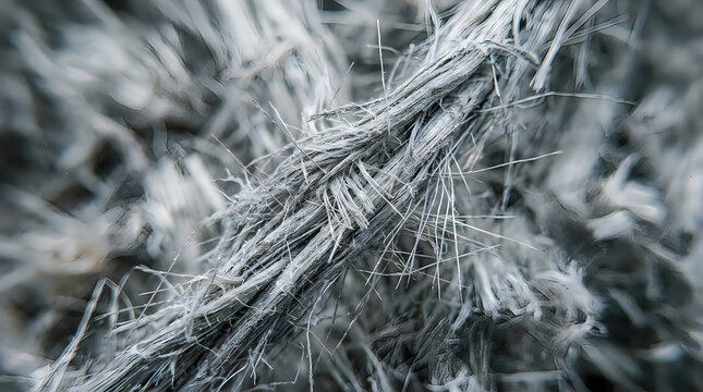 Macro closeup of frayed grey industrial rope fibers texture showing detailed twisted synthetic material strands suitable for construction safety backdrop or heavy duty utility background.