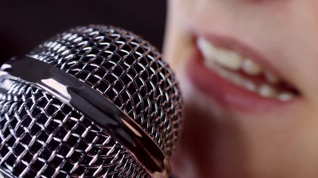 Woman singing with a microphone during caraoke performance close up