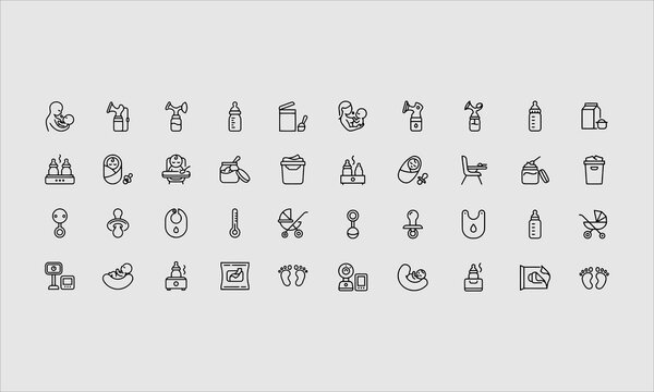 Modern vector line icon of breastfeeding, baby infant food. Breast feeding elements - pump, woman, child, powdered milk, bottle sterilizer, baby.