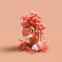 Naklejka premium A cute voxel fox stands among blocky leaves in a russet scene made of cubes. The environment features vibrant block shapes and colors.
