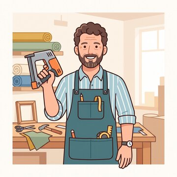 Upholsterer stapling fabric close up illustration