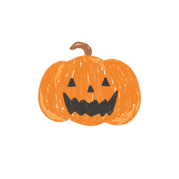 Hand drawn Crayon Halloween Pumpkin Jack o Lantern carved pumpkin children style clipart illustration for halloween autumn