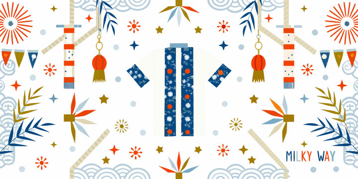 Floral ornament with traditional japanese happi coat and celestial elements