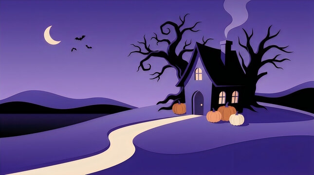 Spooky haunted house with pumpkins at night under a crescent moon in a flat pixel art style isolated on transparent background, Vector