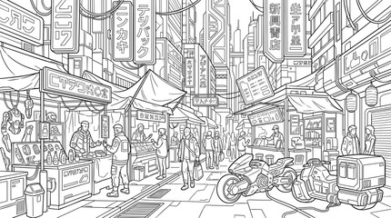 Fototapeta premium Futuristic street market scene with diverse people, stalls, and vehicles, detailed line art illustration with a cyberpunk aesthetic.
