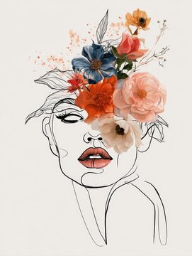 minimalist line art woman portrait with colorful blooming watercolor flowers headpiece, abstract continuous line face drawing with rich floral hair crown, modern bohemian beauty art illustration