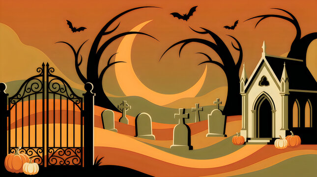 Spooky halloween graveyard with old church iron gate and bats under a crescent moon at night isolated on transparent background, Vector