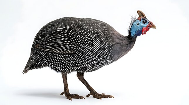 Guinea fowl with distinctive blue face and spotted feathers walking on white background