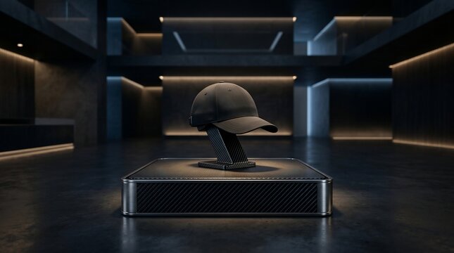 Modern baseball cap displayed on futuristic pedestal with ambient lighting