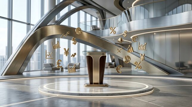 Modern financial atrium with currency symbols and escalator