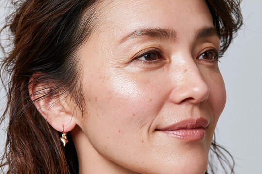 Radiant middle aged Japanese woman with natural makeup and healthy glowing skin, close up portrait showing fine lines, freckle detail and pearl earring, confident serene expression