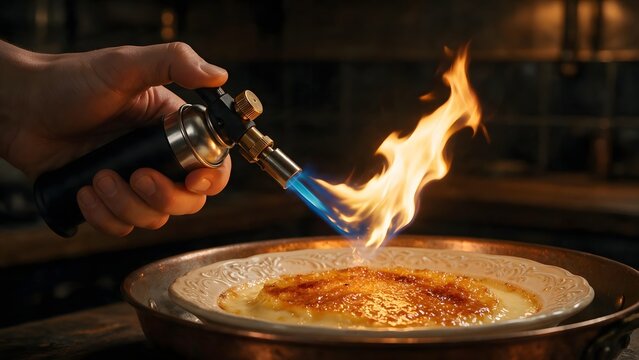 Hand holding kitchen torch creating orange flame flare over plated dish. Culinary technique concept