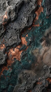 Abstract background featuring dark volcanic rock texture with flowing copper and teal metallic veins.
