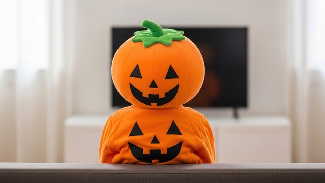 Person wearing a pumpkin head mask and costume watching television at home