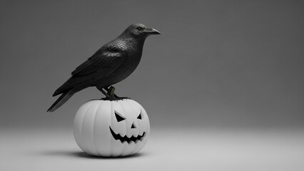 Obraz premium Minimalist Halloween Composition with Black Raven on White Jack O Lantern