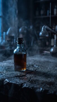 A mysterious glass potion bottle sitting on a stone table in a dark alchemist laboratory.