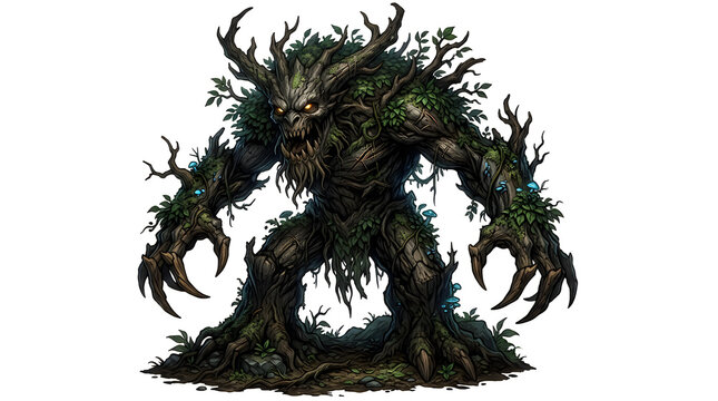 Tree Monster Ancient mossy tree monster from fantasy lore. Dark dread forest guardian with glowing eyes for game design. Evil wood demon creature, mythical horror villain PNG