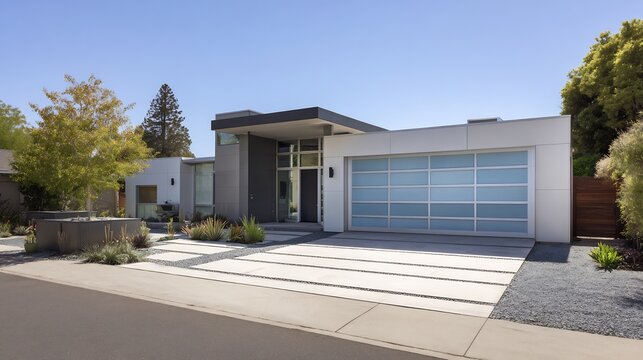 Modern suburban home a flat roof large garage with a frosted glass door neat gravel driveway and minimalist landscaping