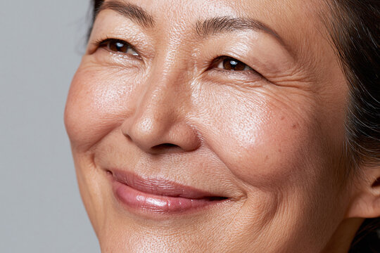 Smiling middle aged Asian woman with radiant skin and visible laugh lines, close up portrait conveying confidence and warmth