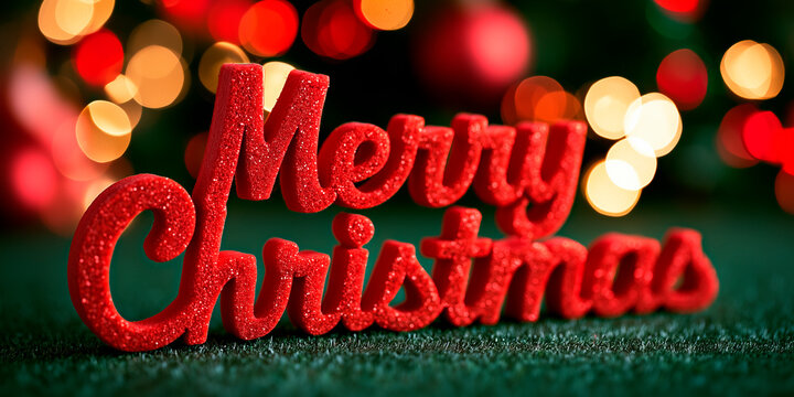 Merry Christmas Typography Text on Blurred Festive Bokeh Background