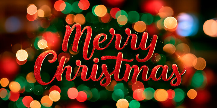 Merry Christmas Typography Text on Blurred Festive Bokeh Background