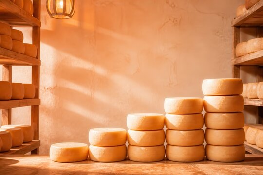 Warm cheese wheels aging in a rustic cellar