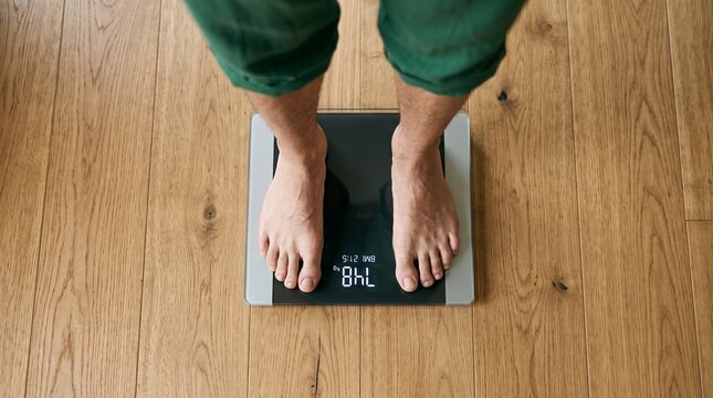 Man standing on digital weight scale on wooden floor.