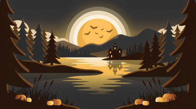 A serene night landscape with a glowing full moon over a calm lake and dark forest silhouette isolated on transparent background, Vector