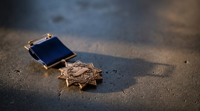 Bronze military service medal resting on dark stone surface in dramatic light.
