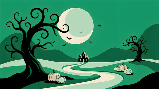 Spooky halloween landscape with haunted house bare trees pumpkins and full moon at night isolated on transparent background, Vector