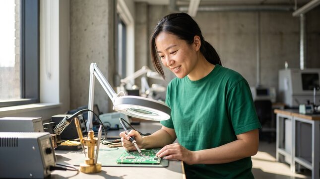 Asian female engineer soldering circuit board in modern electronics laboratory.